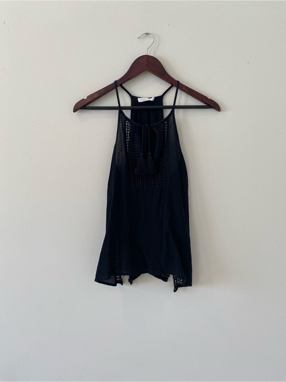 Lush Top Size Small Front Tassel Tie Crochet Detail Racerback Side Slit Cotton